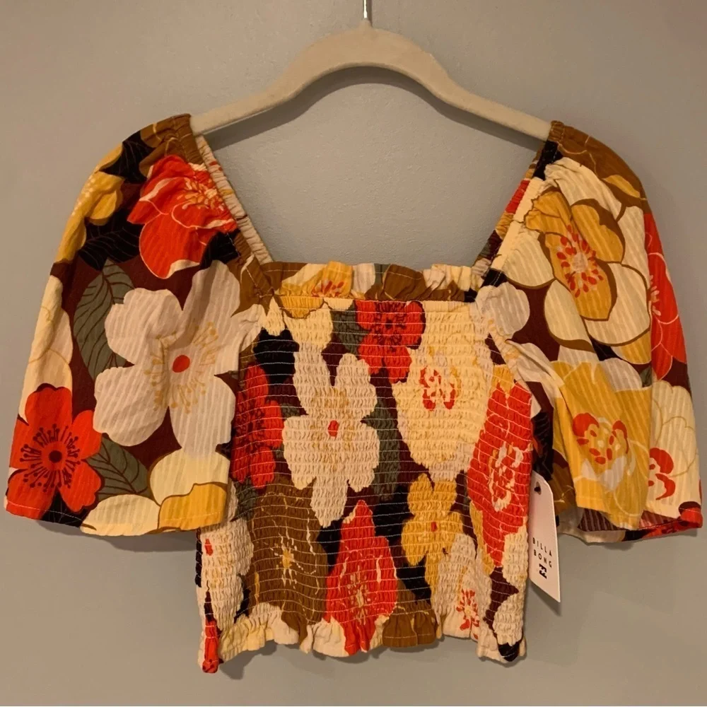 Billabong Orange Yellow Smocked Puff Sleeve Blouse - NWT - Small